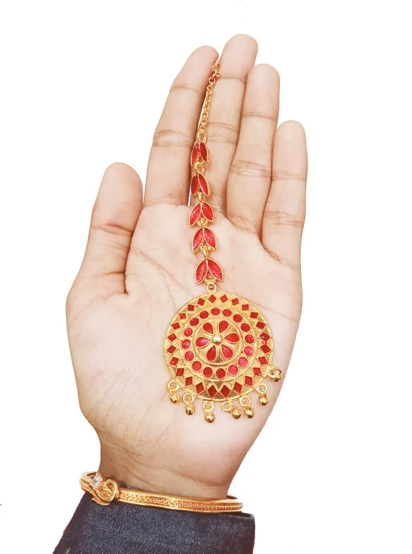 Assamese_Traditional_Copper_Gold_Plated_Red_Color_Japi_Design_Maang_Tikka_For_Women
